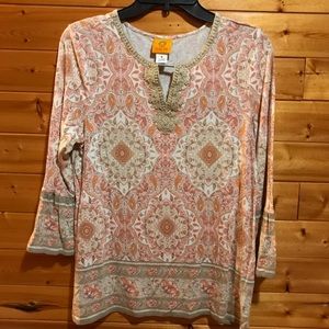Ruby Rd White Pink Medallion Print Top